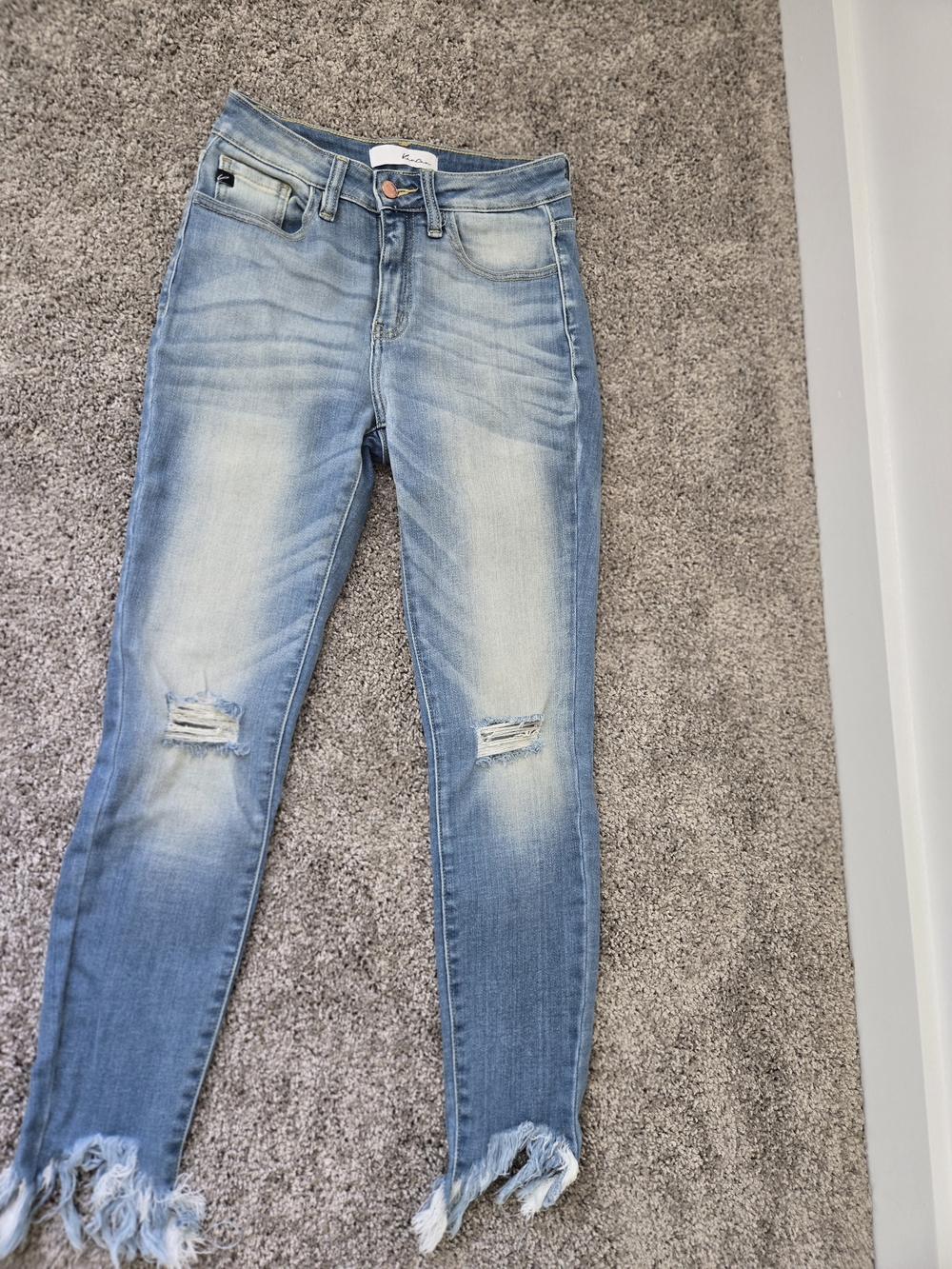 KanCan Light Blue Distressed Frayed Hem Kick Crop